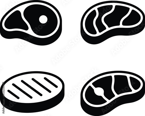 Simple black and white illustrations of various steak cuts on a white background, depicted in different cooking styles and presentations.
