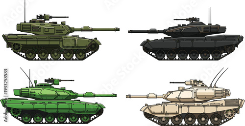 Modern military battle tank collection featuring four different armored vehicle designs with camouflage colors for tactical war combat games and heavy machinery defense projects