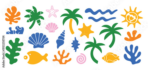 Abstract Modern Vector Sea and Ocean Vacation Elements in Simple Wavy Groovy Naive Style, Vintage Trendy Summer Template with Fluid Waves, Coastal Shapes, and Retro Beach Design.
