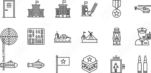 Collection of military and government service outline icons featuring a building, submarine, helicopter, cargo ship, soldier, medals, target, bullets, and flag for tactical design.
