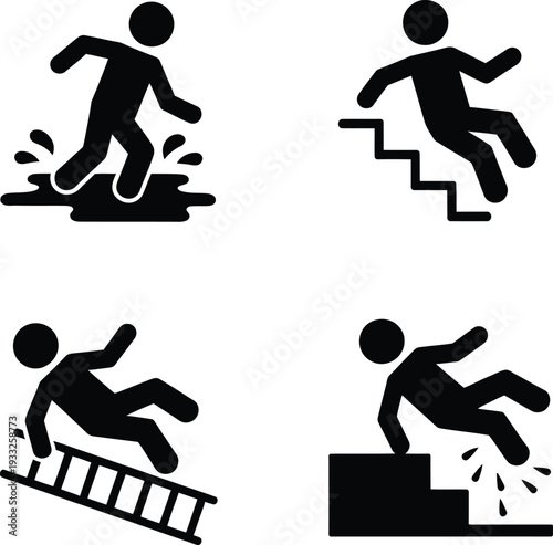 Danger and mishaps symbols representing slipping, falling and accidents on various surfaces like stairs and ladders for safety awareness and warning signs in black and white.