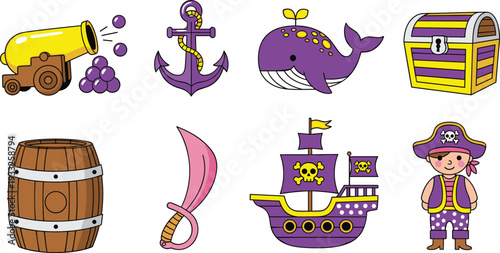 Cute collection of purple and gold pirate icons featuring a child pirate, sailing ships, treasure chests, whale, anchor, cannon balls, sword, and wooden barrel.