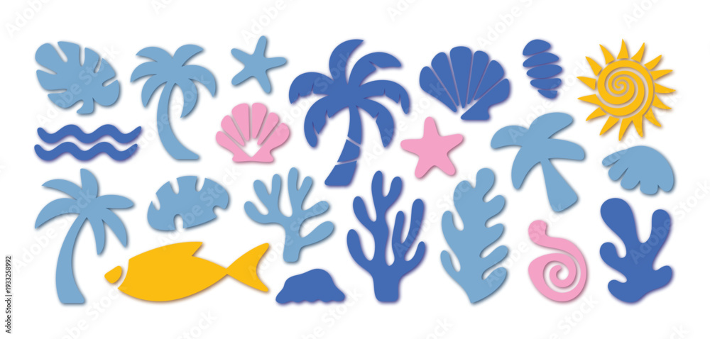 Obraz premium Abstract Modern Vector Sea and Ocean Vacation Elements in Simple Wavy Groovy Naive Style, Vintage Trendy Summer Template with Fluid Waves, Coastal Shapes, and Retro Beach Design.