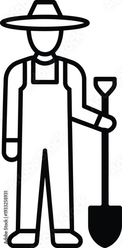 Simple black line illustration of a gardener wearing overalls and a hat holding a shovel on a white background