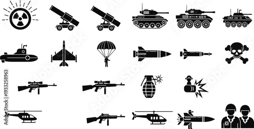 Large collection of military warfare silhouette icons featuring tanks, submarines, fighter jets, missiles, rifles, helicopters, soldiers, and nuclear radiation symbols for army combat design.