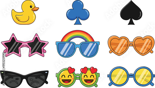 Fun vector illustration set featuring colorful novelty sunglasses with star heart and rainbow shapes along with yellow rubber duck club and spade suit icons