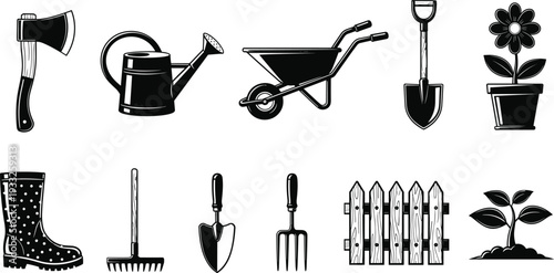 Black gardening tool vector silhouette set featuring watering can wheelbarrow shovel rake axe garden boots fence flower pot and trowel isolated on white background