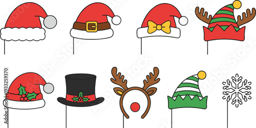 Festive Christmas photo booth props collection with Santa hats, elf hats, reindeer antlers, snowflake and holiday top hat, perfect for party decoration and celebration photography