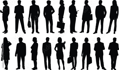 Business silhouettes, professional people, corporate team, office workers, men and women, suits, briefcases, diversity, workplace, networking, teamwork, culture, success