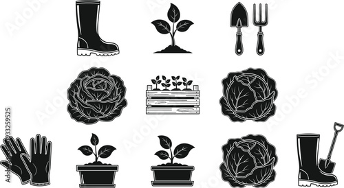 Black and white gardening silhouettes set featuring rubber boots cabbage plants potted seedlings garden gloves shovel and hand tools for farming and agriculture designs