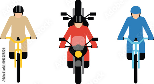 Front view of diverse two-wheeled transportation riders including bicycles and motorcycle with helmets, showcasing urban mobility, lifestyle contrast, and modern commuting concept for stock 
