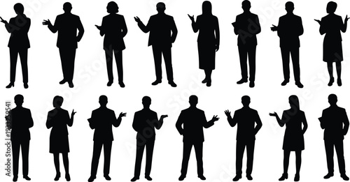 Business silhouettes, professional team, corporate people, raised arms, group workforce, office attire, teamwork, diversity, gesture, presentation, organization, success