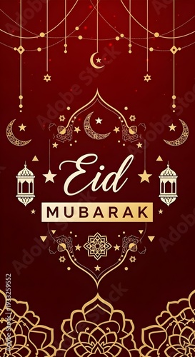 Celebratory eid mubarak design with intricate arabic patterns and lanterns