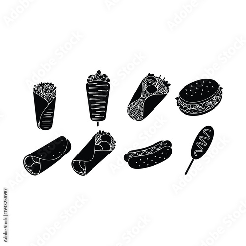 A collection of fast food items illustrated in black and white