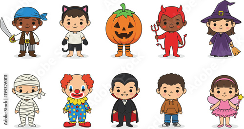 Cartoon children in colorful Halloween costumes including pirate, witch, vampire, mummy, pumpkin, clown, fairy, devil, cat, showcasing festive holiday fun and creativity