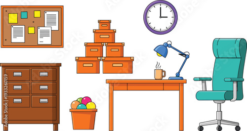 Vector illustration of a modern home office workspace featuring a wooden desk, ergonomic chair, storage boxes, filing cabinet, notice board, and colorful decorative elements.
