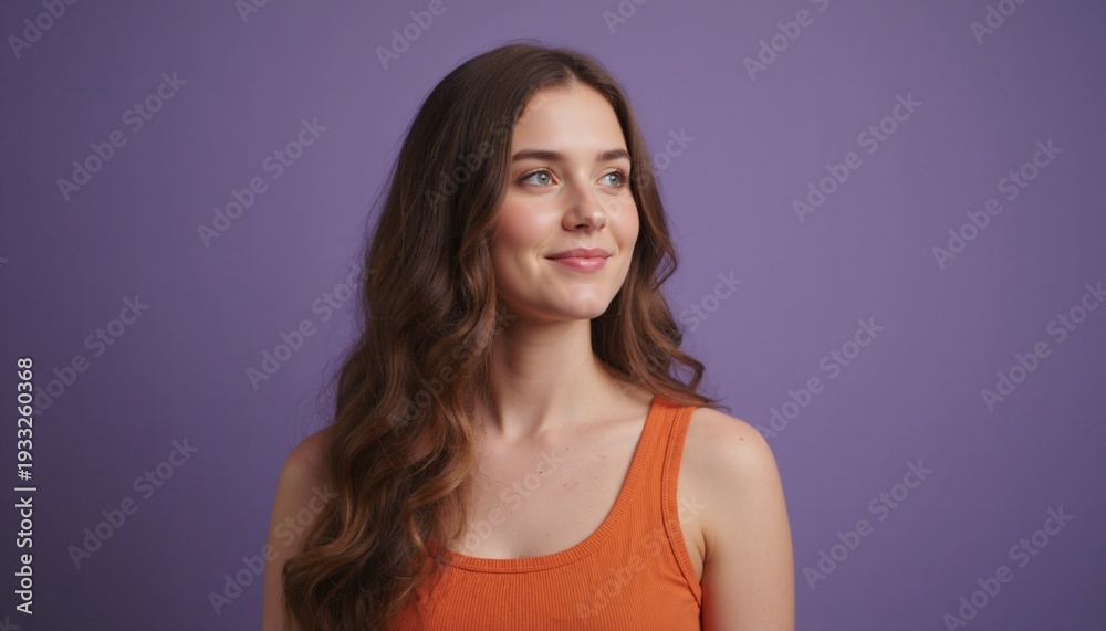 Obraz premium Young woman with wavy brown hair looking sideways on a purple background. Smiling female in orange tank top. Studio portrait with copy space