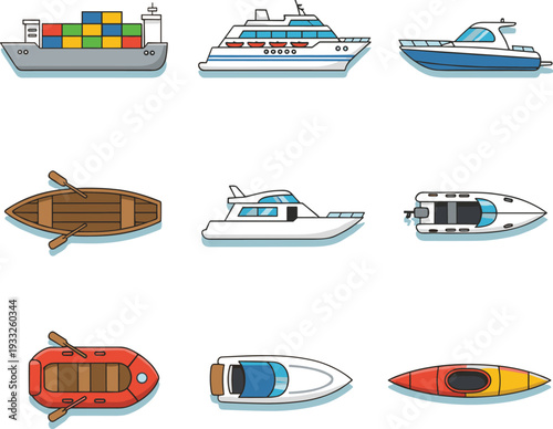 Collection of diverse boats and watercraft illustrations including cargo ship, cruise liner, yacht, speedboat, kayak, raft, and motorboat in colorful vector design