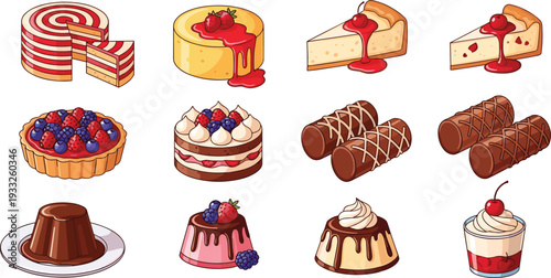 Delicious dessert vector collection featuring cheesecake berry tart chocolate pudding cake rolls strawberry mousse and sweet pastry illustrations for cafe and bakery design