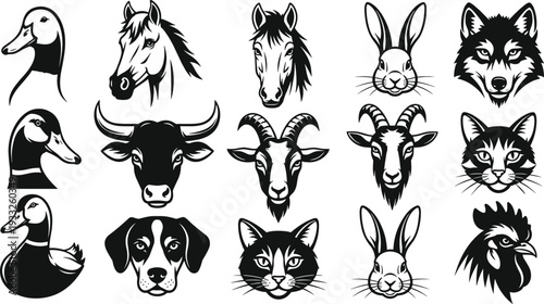 Animal head silhouette vector collection featuring duck horse rabbit wolf bull goat cat dog and rooster icons in black ink outline for logo design