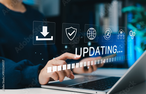 Obraz na płótnie Software update or operating system, update software application upgrade technology concept. updating progress bar, installing app patch, new version loading, program downloading, improved security,