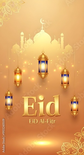 Celebrating the joyous occasion of eid al-fitr with illuminated lanterns and mosque architecture.