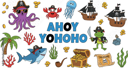 Pirate adventure vector collection featuring cute octopus shark crab frog characters with treasure chest ships map palm tree and nautical elements on white