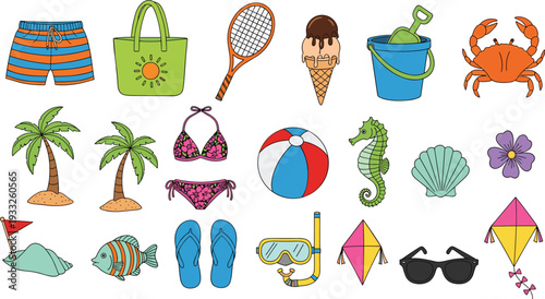 Summer beach vacation vector collection featuring swimsuits palm trees ice cream snorkeling gear beach ball crab sunglasses and tropical holiday elements on white background
