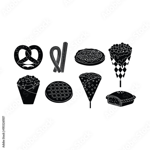 Black and white illustrations of various sweet and savory treats