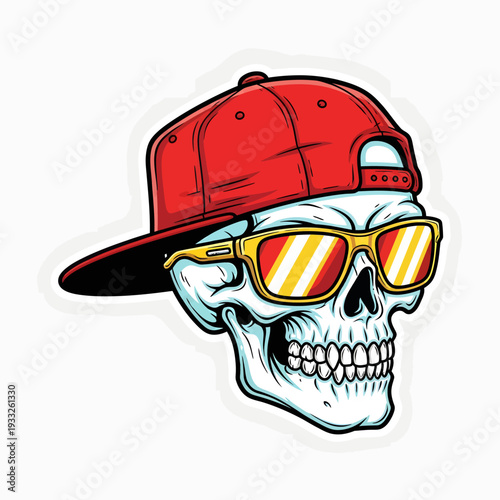 Illustration of a stylized skull wearing sunglasses and a cap, symbolizing youthful energy and rebellion in a graphic design context from a frontal perspective