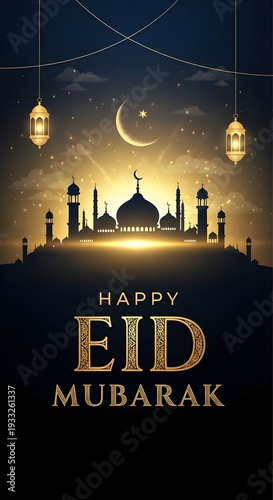 Celebratory scene depicting happy eid mubarak with illuminated mosque and lanterns