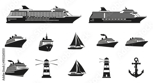 Collection of various cruise ships, sailboats, lighthouses, and an anchor in silhouette style.