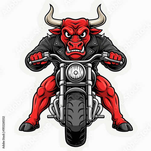 A red muscular bull character riding a motorcycle with a fierce expression and sharp horns