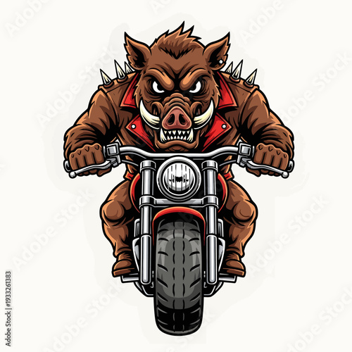 A cartoon boar riding a motorcycle, illustration of a wild animal on a bike, action shot from the front