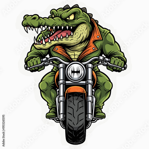 A cartoon alligator riding a motorcycle with an open mouth and sharp teeth, wearing an orange vest, in a dynamic illustration from a straight-on viewpoint.