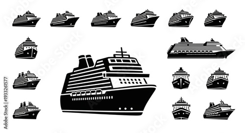 Cruise ship illustrations showcasing various angles and perspectives, black and white design.