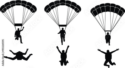 Skydiving silhouettes set, parachute jump, extreme sport icons, skydiver vector illustration, adventure, flying, freefall, parachuting, outdoor action, sky
