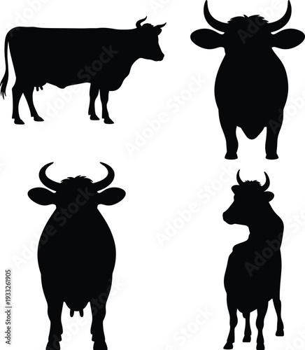 Cow silhouettes standing, walking, frontal view, profile view, horned cattle, farm animal shapes, livestock illustration, rural design, agriculture art, nature