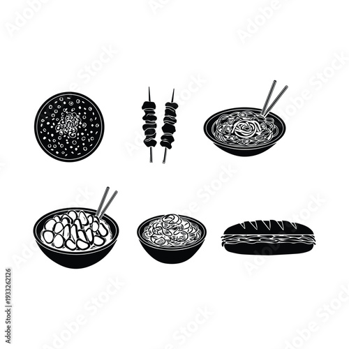 Black and white illustration of various kebab skewers and a sauce container
