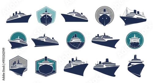 Collection of various cruise ship illustrations in different shapes and styles for design.