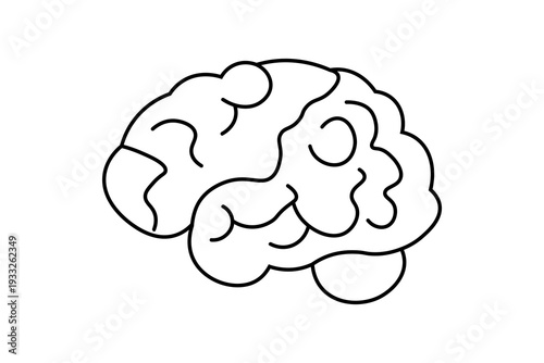 The image is a minimalist line art illustration of a human brain. It features a side-profile (lateral view) using a continuous black outline on a solid white background.