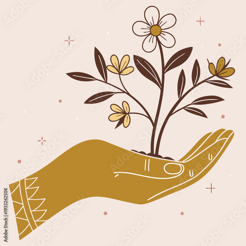 Golden-toned hand gently cradling a tiny flourishing garden, abstract concept of care, growth, and hope, soft pastel background, flat vector illustration, minimal composition, commercial-friendly