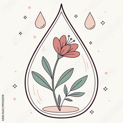 Flower Enclosed in Water Droplet, Minimal Botanical Vector Illustration of Growth