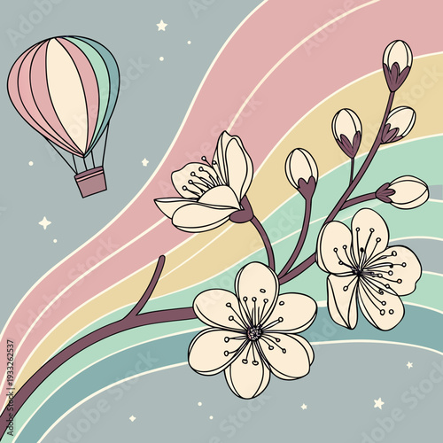 Hot Air Balloon Floating Over White Blossoms, Pastel Botanical Vector Artwork