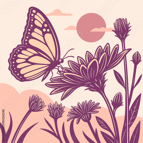 Butterfly on Purple Flowers at Sunset, Inspirational Botanical Vector Illustration