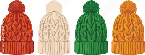 Set of four colorful knitted winter beanies with pompoms in orange cream green and yellow isolated on white background for seasonal fashion and cold weather
