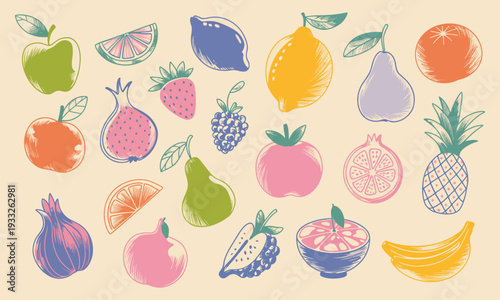Hand Drawn Colorful Fruits and Berries Sketch Vector Illustration Featuring Dragon Fruit, Lemon, Banana, Pineapple, Coconut, Citrus, Fig, Apple, Grape, Pomegranate and Strawberry in Minimal Art Style