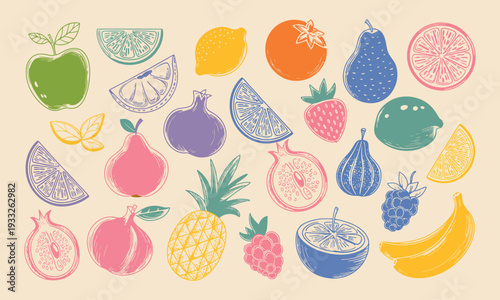 Hand Drawn Colorful Fruits and Berries Sketch Vector Illustration Featuring Dragon Fruit, Lemon, Banana, Pineapple, Coconut, Citrus, Fig, Apple, Grape, Pomegranate and Strawberry in Minimal Art Style