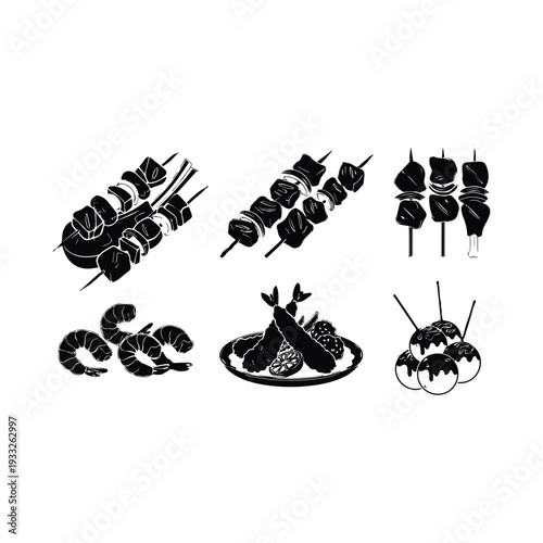 Black and white illustration of various grilled foods and a musical instrument