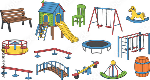 Hand drawn vector illustration set of outdoor playground equipment including a slide, swings, trampoline, roundabout, park bench, seesaw, and climbing frame on white.